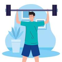 exercise at home, man lifting weight, using the house as a gym vector