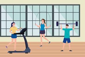 hacer ejercicio en casa, gente practicando deporte, usando la casa como gimnasio vector