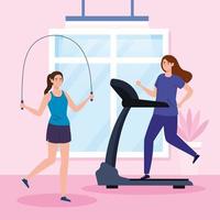 ejercicio en casa, mujeres practicando deporte, usando la casa como gimnasio vector