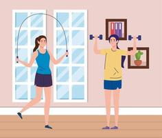 exercise at home, women lifting weights and jumping rope, using the house as a gym vector