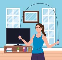 ejercicio en casa, mujer saltando la cuerda, usando la casa como gimnasio vector