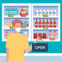 open again after quarantine, man with label of reopening of shop, we are open again, supermarket buy groceries vector