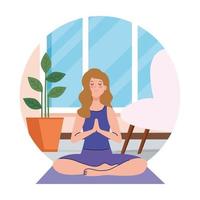 quédate en casa, mantente a salvo, mujer meditando, durante el coronavirus covid 19, quédate en casa en cuarentena, ten cuidado vector