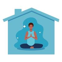 stay home, be safe, man afro meditating and facade house, during coronavirus covid 19, stay at home quarantine, be careful vector