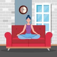 stay home, be safe, woman meditating in the living room, sitting in couch, during coronavirus covid 19, stay at home quarantine, be careful vector