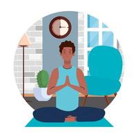 stay home, be safe, man afro meditating in the living room, during coronavirus covid 19, stay at home quarantine, be careful vector