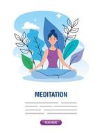 pancarta de mujer meditando, concepto de yoga, meditación, relajación, estilo de vida saludable en el paisaje vector