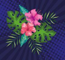 flowers with branches and tropical leaves decoration vector