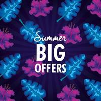 summer big offers, banner with tropical leaves background, exotic floral banner vector