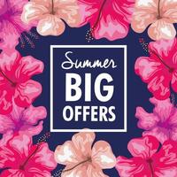 summer big offers, banner with frame of flowers tropical, exotic floral banner vector