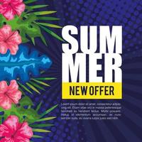 summer new offer, banner with flowers and tropical leaves, exotic floral banner vector