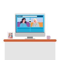 women talk to each other on the computer screen, conference video call vector