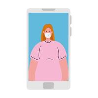 smartphone video call, woman wearing medical mask, online during covid 19, conference video call vector