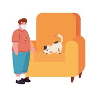 boy wearing medical mask for prevention covid 19 with cat in couch vector