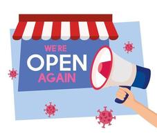 open again after quarantine,reopening of shop,we are open again lettering with megaphone vector