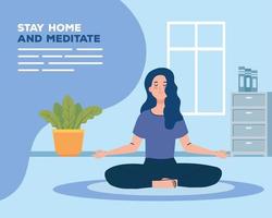 banner of stay home, be safe, woman meditating, during coronavirus covid 19, stay at home quarantine, be careful vector