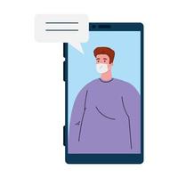 smartphone video call, man wearing medical mask, online during covid 19, conference video call vector