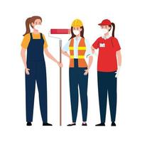 Female painter constructer and delivery woman with masks vector design