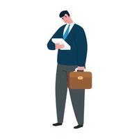 sad businessman avatar with papers and suitcase vector design