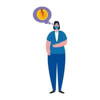 Woman with mask and broken coin of bankruptcy vector design