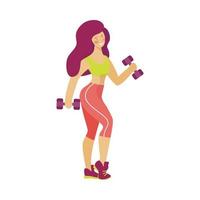 Vector illustration of a girl in a gym with dumbbells isolated on white.