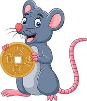 Funny cartoon Rat as symbol of new year 2020 holding gold coin. Chinese translation