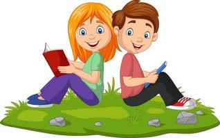 niño y niña de dibujos animados leyendo libros sobre la hierba vector