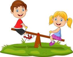 Cartoon kids playing on seesaw in the park vector