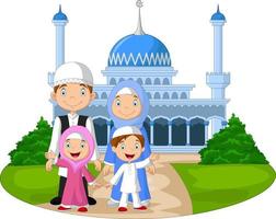familia musulmana feliz de dibujos animados frente a la mezquita vector