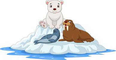Cartoon arctic animals on an iceberg vector