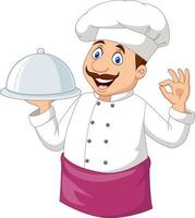 Cartoon funny chef holding a silver platter and ok sign vector