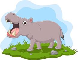 hipopótamo de dibujos animados con la boca abierta en la hierba vector