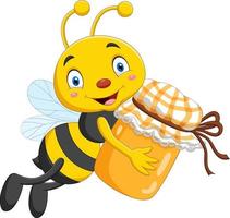 Cartoon little bee holding honey jar vector