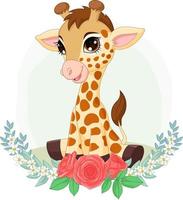 Cartoon baby giraffe sitting with flowers background vector