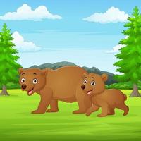 Cartoon Mother and baby bear in the jungle vector