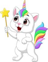 Cartoon funny unicorn cat holding magic wand vector