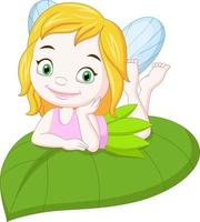 Cartoon funny little fairy on green leaf vector