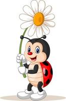 Cartoon cute ladybug holding flower vector