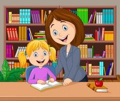 Teacher helping pupil studying in the library vector