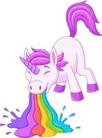 Cartoon funny unicorn pukes liquid rainbow vector