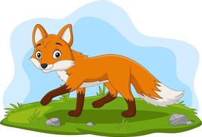 Cartoon happy fox walking in the grass