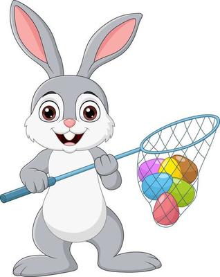 Cartoon rabbit hunting Easter eggs