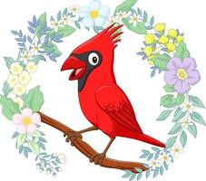 caricatura, pájaro cardenal, en, rama de árbol, con, flores, plano de fondo vector