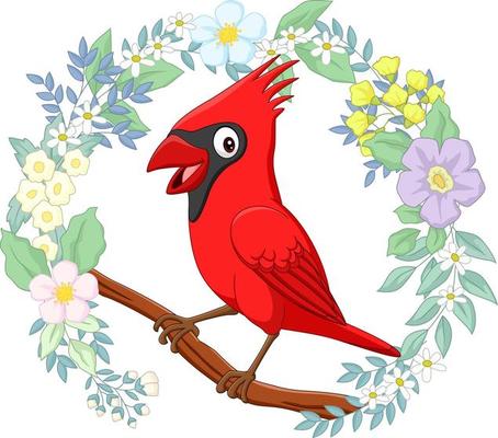 Cartoon cardinal bird on tree branch with flowers background