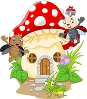 Cartoon funny insects with mushroom house vector