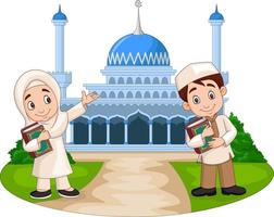 Happy cartoon Muslim kids in front of mosque vector