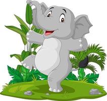 Cartoon happy elephant dancing in the grass