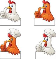Set of roosters cartoon giving thumb up with blank sign
