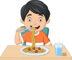 niño pequeño de dibujos animados comiendo espaguetis vector
