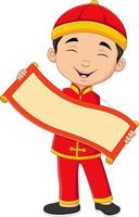 Chinese boy holding blank scroll banner vector